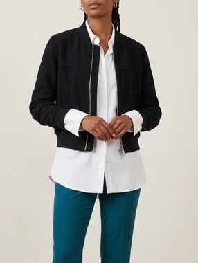 Theory Black Daryette Dual Zip-Up Crepe Bomber Jacket